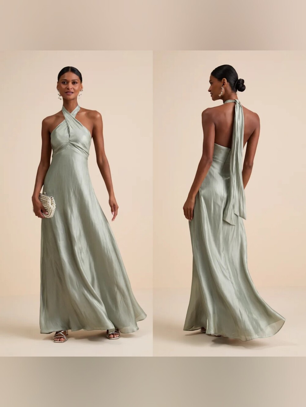 Lulus Canley Sage Satin Cross-Front Halter Maxi Dress M Wedding Party Formal